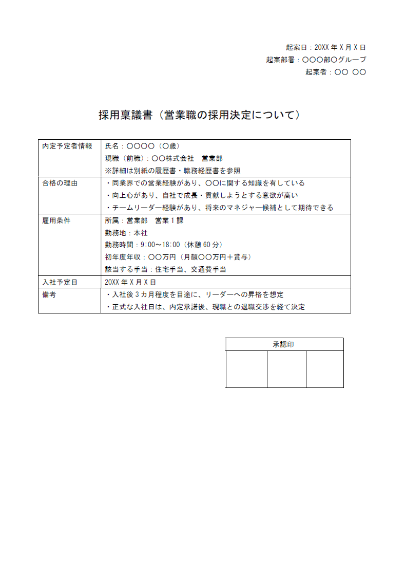 採用稟議書のテンプレート見本